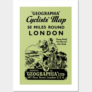 London, Cyclists, Map, Vintage,Cover Illustration, 1930s Posters and Art